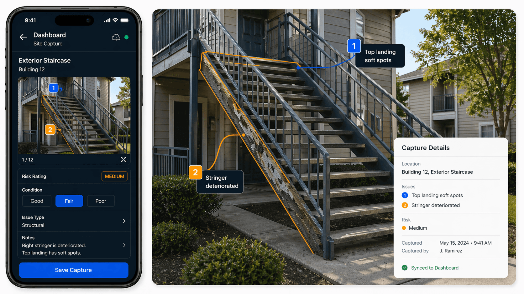 SiteOptix™ Field App — phone mockup showing site capture, staircase photograph, and a capture details panel