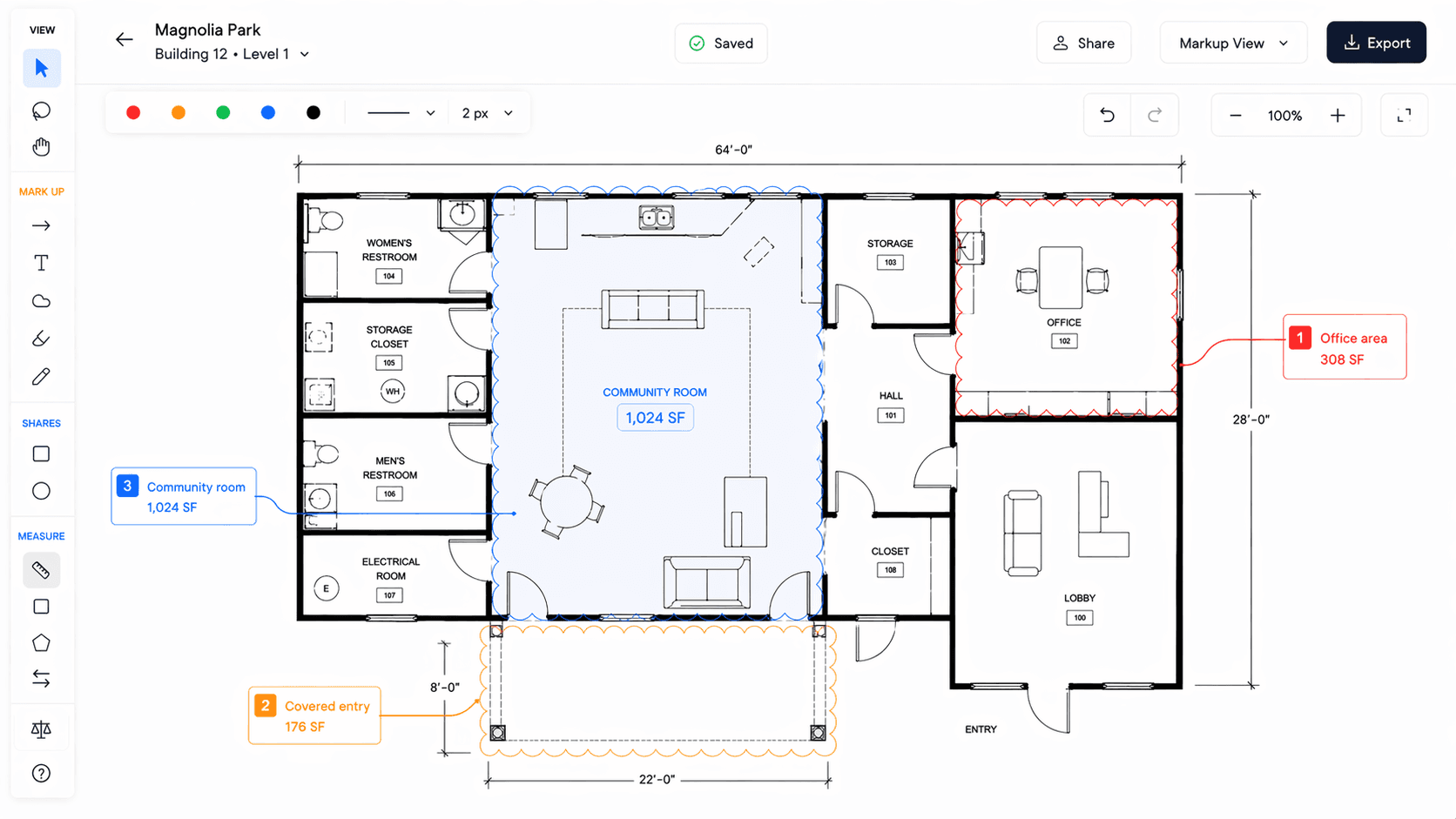 Markup Studio — plans with highlighted scope areas, measurements, and annotations attached to the procurement package