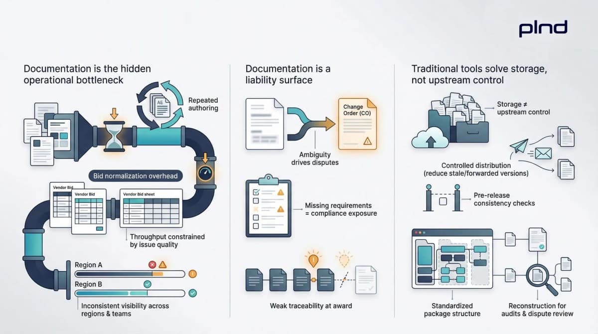 Three-panel illustration showing documentation as an operational bottleneck, a liability surface, and the limits of storage-based tools